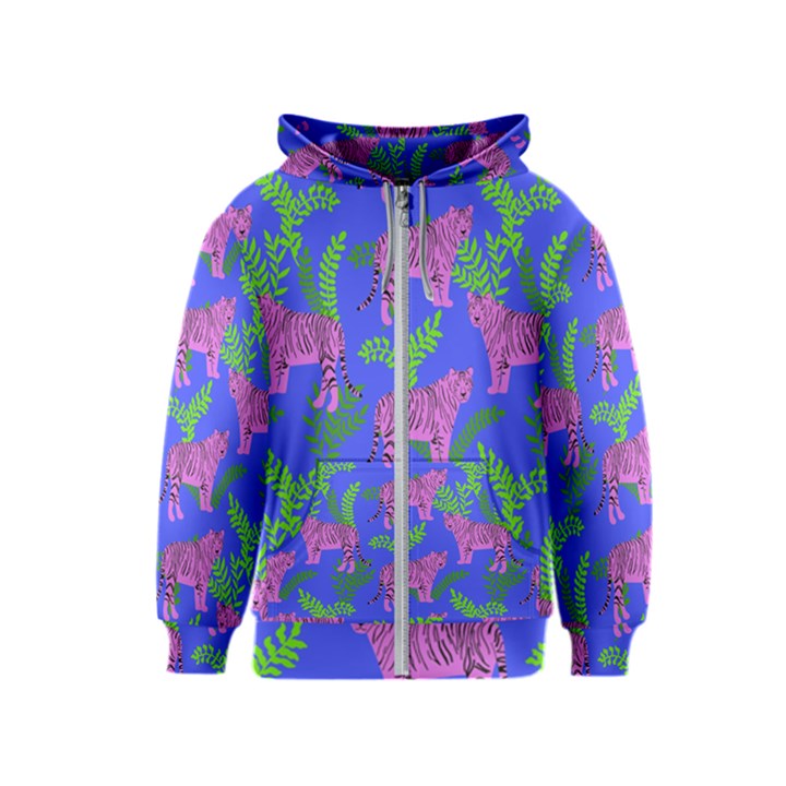 Pink Tigers On A Blue Background Kids  Zipper Hoodie