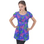 Pink Tigers On A Blue Background Puff Sleeve Tunic Top