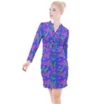 Pink Tigers On A Blue Background Button Long Sleeve Dress