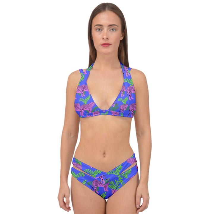 Pink Tigers On A Blue Background Double Strap Halter Bikini Set