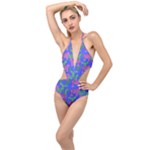 Pink Tigers On A Blue Background Plunging Cut Out Swimsuit