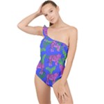 Pink Tigers On A Blue Background Frilly One Shoulder Swimsuit