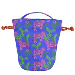 Pink Tigers On A Blue Background Drawstring Bucket Bag by SychEva