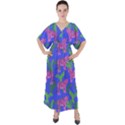 Pink Tigers On A Blue Background V-Neck Boho Style Maxi Dress View1
