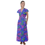 Pink Tigers On A Blue Background Flutter Sleeve Maxi Dress