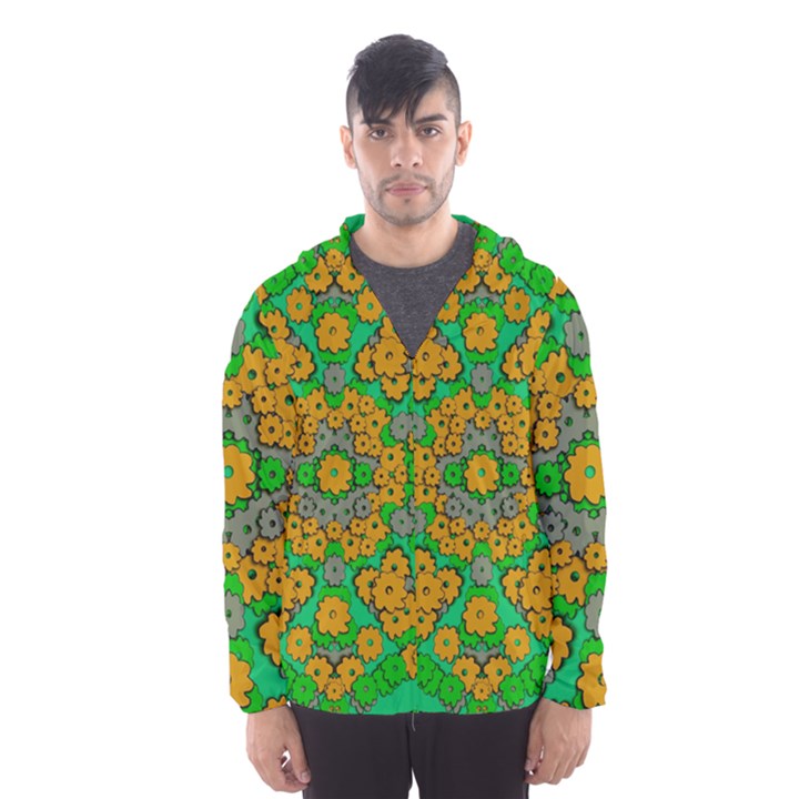 Stars Of Decorative Colorful And Peaceful  Flowers Men s Hooded Windbreaker