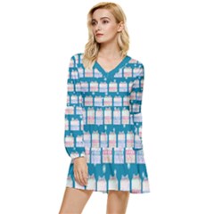 Gift Boxes Tiered Long Sleeve Mini Dress by SychEva