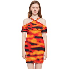 Red  Waves Abstract Series No17 Shoulder Frill Bodycon Summer Dress by DimitriosArt