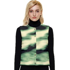 Green  Waves Abstract Series No14 Women s Short Button Up Puffer Vest by DimitriosArt