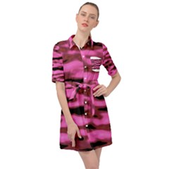 Pink  Waves Abstract Series No1 Belted Shirt Dress by DimitriosArt
