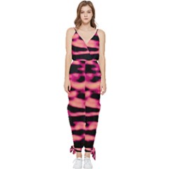 Pink  Waves Abstract Series No2 Sleeveless Tie Ankle Chiffon Jumpsuit by DimitriosArt