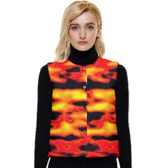 Red  Waves Abstract Series No17 Women s Short Button Up Puffer Vest by DimitriosArt