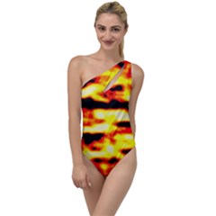 Red  Waves Abstract Series No19 To One Side Swimsuit by DimitriosArt