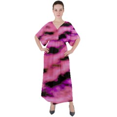 Pink  Waves Flow Series 2 V-neck Boho Style Maxi Dress by DimitriosArt