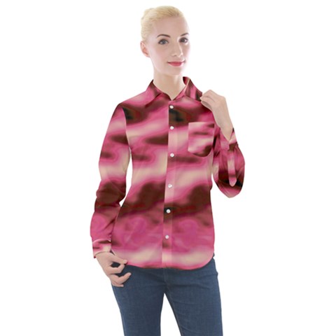 Pink  Waves Flow Series 6 Women s Long Sleeve Pocket Shirt by DimitriosArt