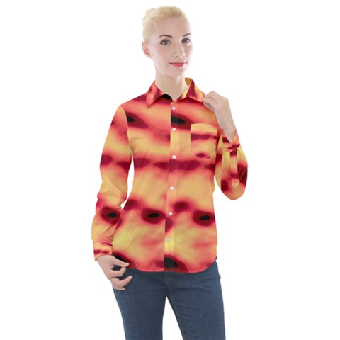 Red Waves Flow Series 4 Women s Long Sleeve Pocket Shirt by DimitriosArt