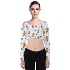Gingerbread Man And Candy Velvet Long Sleeve Crop Top by SychEva