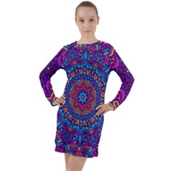 Vibrant Violet Mandala Long Sleeve Hoodie Dress