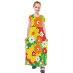 Flower Power Wallpaper Green Yellow Orange Red Kids  Short Sleeve Maxi Dress by EDDArt