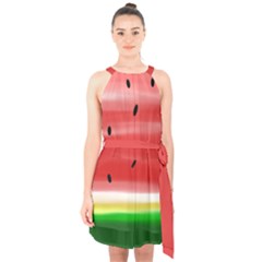 Painted Watermelon Pattern, Fruit Themed Apparel Halter Collar Waist Tie Chiffon Dress by Casemiro