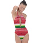 Painted watermelon pattern, fruit themed apparel Plunge Cut Halter Swimsuit