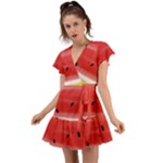 Painted watermelon pattern, fruit themed apparel Flutter Sleeve Wrap Dress