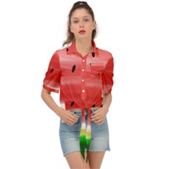 Painted Watermelon Pattern, Fruit Themed Apparel Tie Front Shirt  by Casemiro