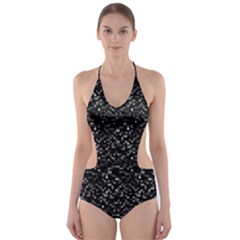 Pixel Grid Dark Black And White Pattern Cut-out One Piece Swimsuit by dflcprintsclothing