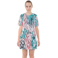 Colorful Spotted Reptilian Coral Sixties Short Sleeve Mini Dress by MickiRedd