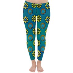 Yellow And Blue Proud Blooming Flowers Classic Winter Leggings by pepitasart