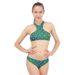 Yellow And Blue Proud Blooming Flowers High Neck Bikini Set by pepitasart