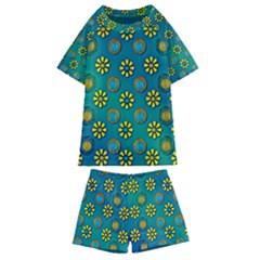 Yellow And Blue Proud Blooming Flowers Kids  Swim Tee And Shorts Set by pepitasart