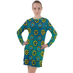 Yellow And Blue Proud Blooming Flowers Long Sleeve Hoodie Dress by pepitasart