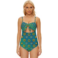 Yellow And Blue Proud Blooming Flowers Knot Front One-piece Swimsuit by pepitasart