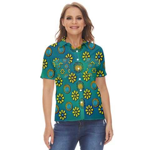 Yellow And Blue Proud Blooming Flowers Women s Short Sleeve Double Pocket Shirt by pepitasart