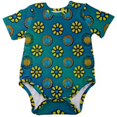 Yellow And Blue Proud Blooming Flowers Baby Short Sleeve Onesie Bodysuit by pepitasart