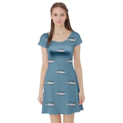 Cartoon Sketchy Helicopter Drawing Motif Pattern Short Sleeve Skater Dress by dflcprintsclothing