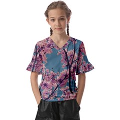 Colorful Floral Leaves Photo Kids  V-neck Horn Sleeve Blouse by dflcprintsclothing