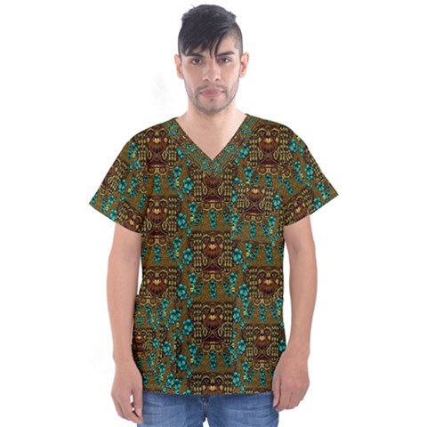 Artworks Pattern Leather Lady In Gold And Flowers Men s V-neck Scrub Top by pepitasart