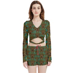 Artworks Pattern Leather Lady In Gold And Flowers Velvet Wrap Crop Top And Shorts Set by pepitasart