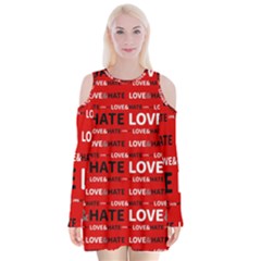 Love And Hate Typographic Design Pattern Velvet Long Sleeve Shoulder Cutout Dress by dflcprintsclothing