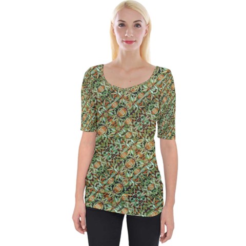 Colorful Stylized Botanic Motif Pattern Wide Neckline Tee by dflcprintsclothing