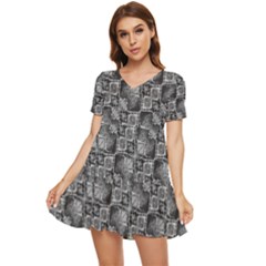 Black And Grey Rocky Geometric Pattern Design Tiered Short Sleeve Babydoll Dress by dflcprintsclothing