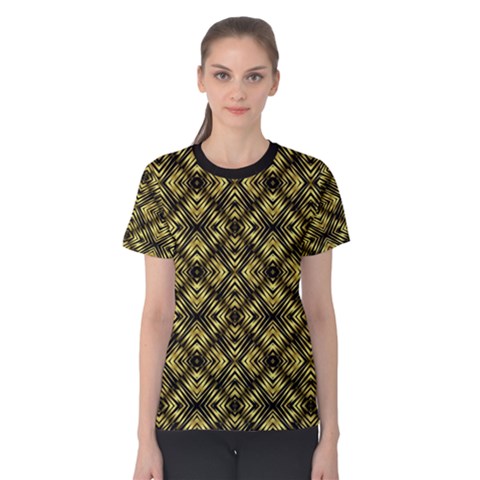 Tiled Mozaic Pattern, Gold And Black Color Symetric Design Women s Cotton Tee by Casemiro