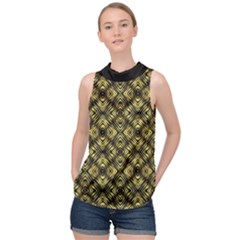 Tiled Mozaic Pattern, Gold And Black Color Symetric Design High Neck Satin Top by Casemiro