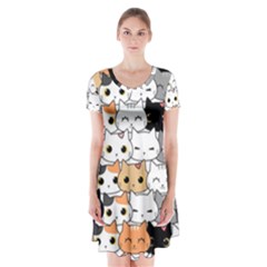 Cute-cat-kitten-cartoon-doodle-seamless-pattern Short Sleeve V-neck Flare Dress by Jancukart
