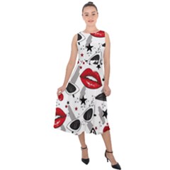 Red Lips Black Heels Pattern Midi Tie-back Chiffon Dress by Jancukart