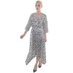 Black And White Hello Text Motif Random Pattern Quarter Sleeve Wrap Front Maxi Dress by dflcprintsclothing