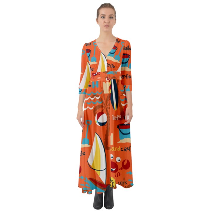 Seamless-pattern-vector-beach-holiday-theme-set Button Up Boho Maxi Dress