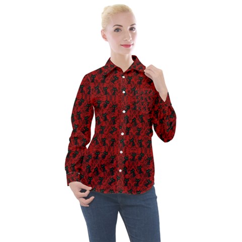 Micro Blood Red Cats Women s Long Sleeve Pocket Shirt by InPlainSightStyle
